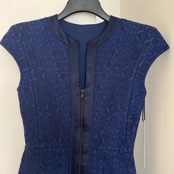 SCANLAN THEODORE Corded Lace & Silk Trim Shoulder Pad Midi Zip Dress NWT - XS/0